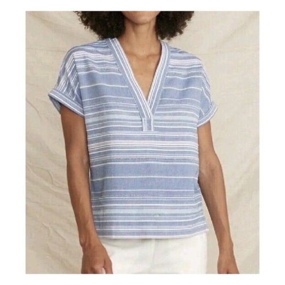 Marine Layer Light Blue & White Striped V-Neck Short Sleeve Top